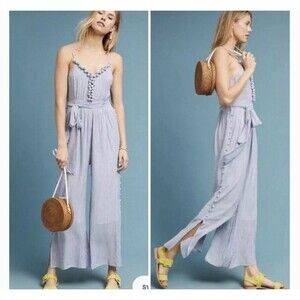 Anthropologie Maeve Jumpsuit Size 4 Blue Maritime Pom Pom White Stripe Crinkled